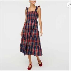 J.Crew Factory Navy Plaid Smocked Tiered Midi Dress, Size XL